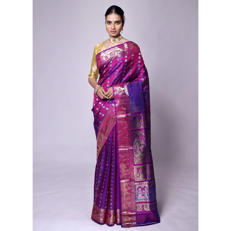 Purple Handloom Baluchari Pure Silk Saree With Blouse Piece - JD986601285