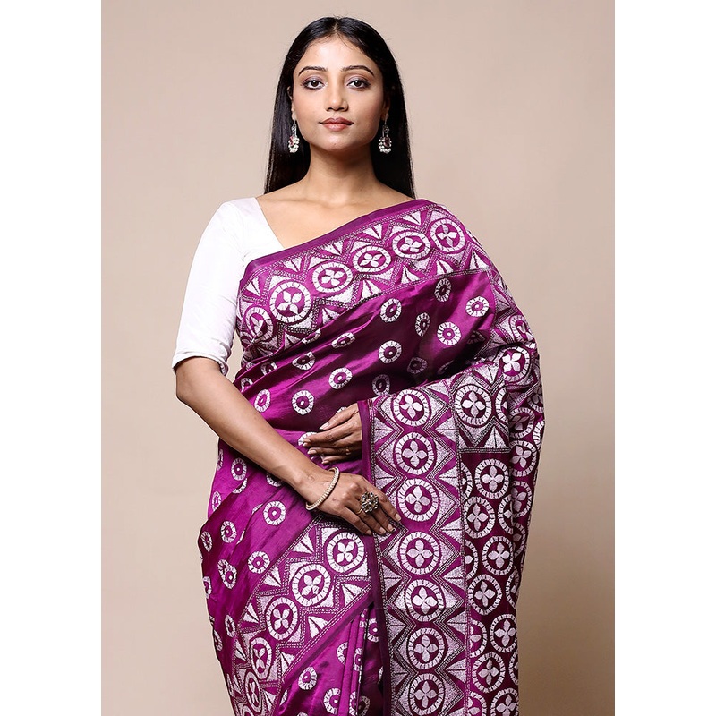 Purple Handloom Kantha Stitch Pure Silk Saree With Blouse Piece - JD986601371