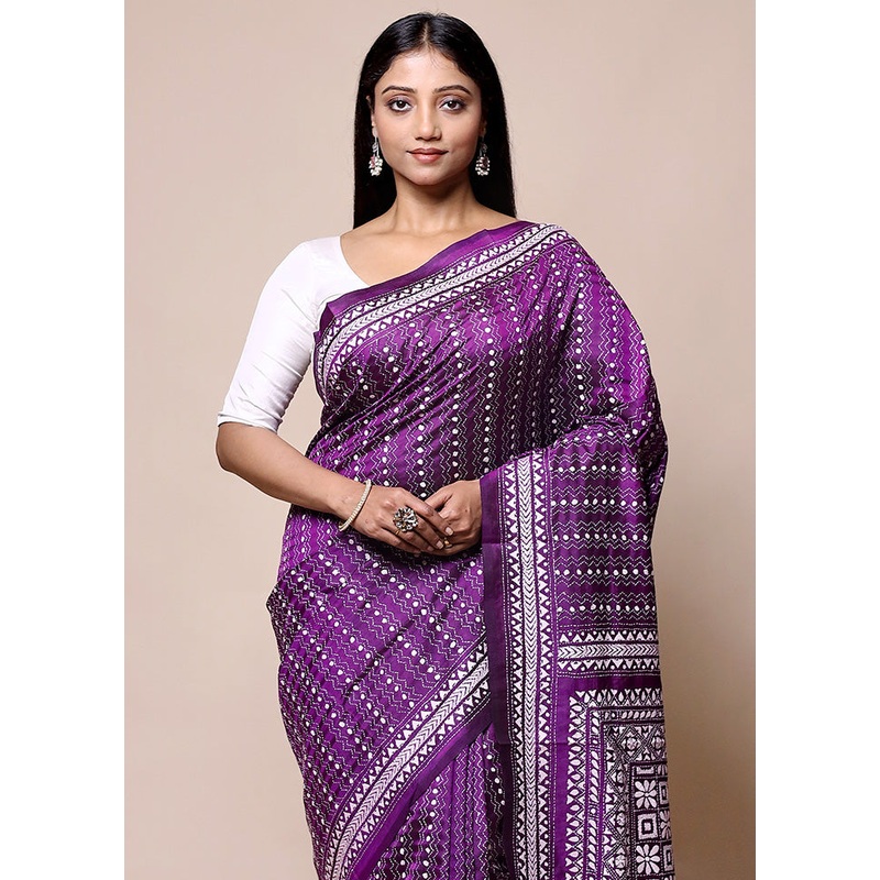 Purple Handloom Kantha Stitch Pure Silk Saree With Blouse Piece - JD986601372