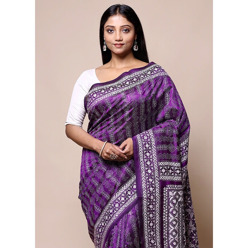 Purple Handloom Kantha Stitch Pure Silk Saree With Blouse Piece - JD986601373