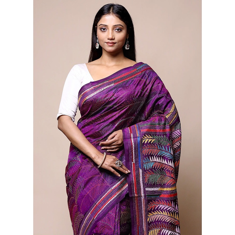 Purple Handloom Kantha Stitch Pure Silk Saree With Blouse Piece - JD986601374