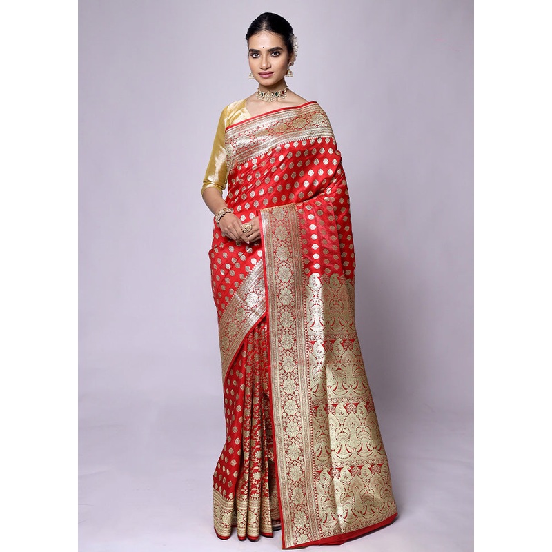 Red Banarasi Silk Saree With Blouse Piece - JD986601281