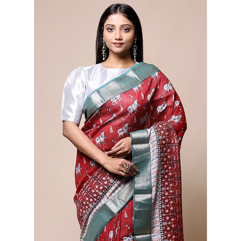 Red Chanderi Cotton Saree With Blouse Piece - JD986601369