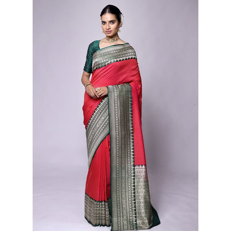 Red Dupion Silk Saree With Blouse Piece - JD986601276