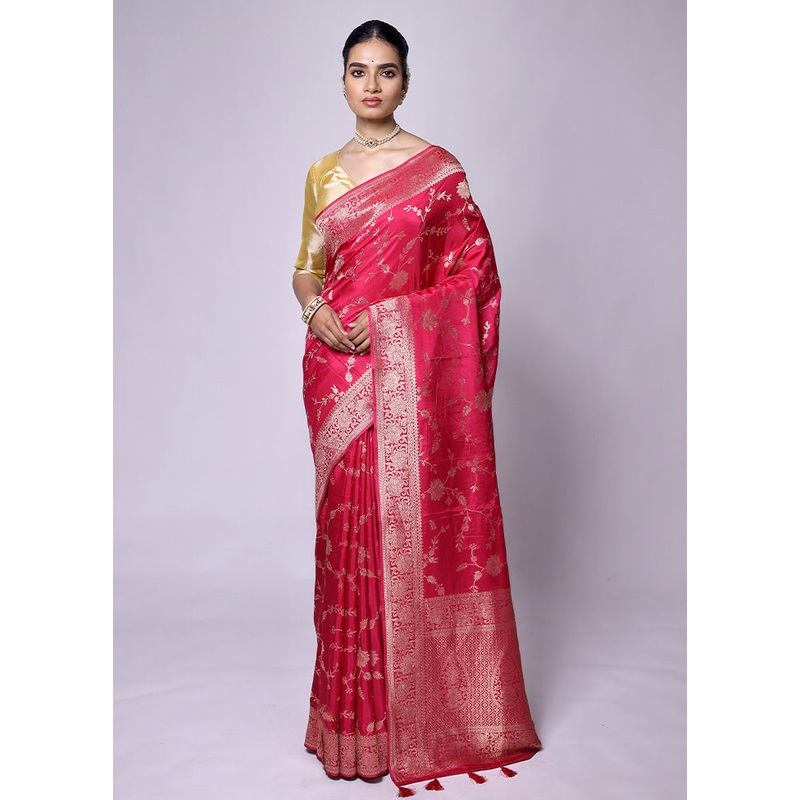 Red Dupion Silk Saree With Blouse Piece - JD986601277