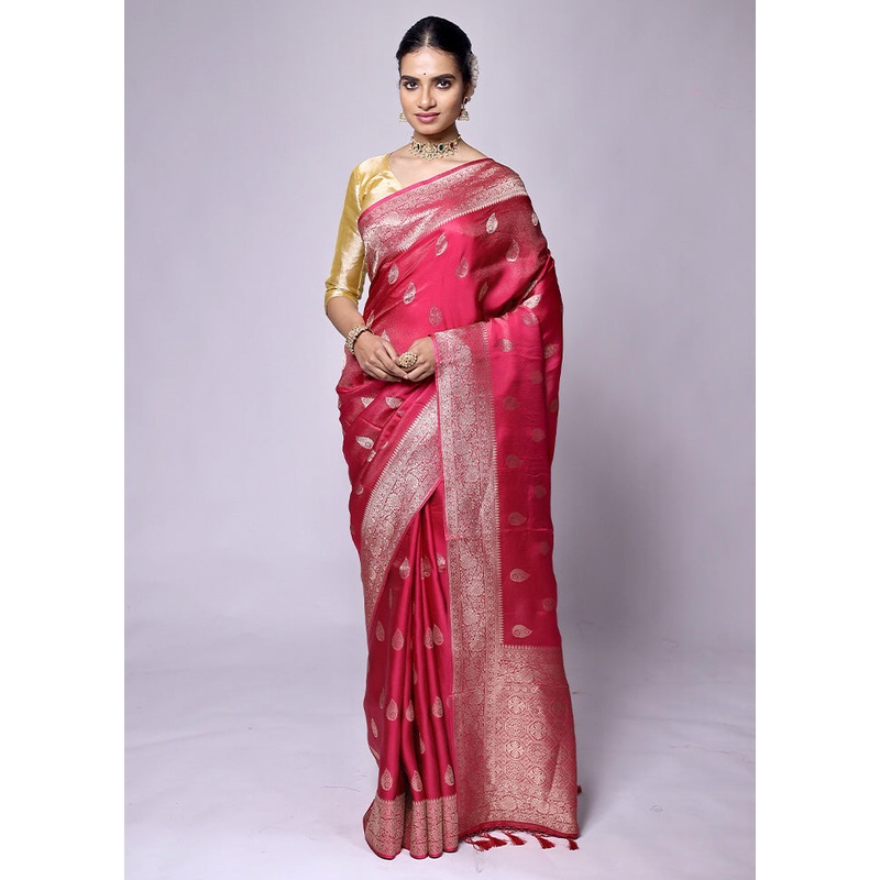 Red Dupion Silk Saree With Blouse Piece - JD986601279