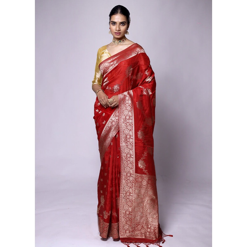 Red Dupion Silk Saree With Blouse Piece - JD986601280