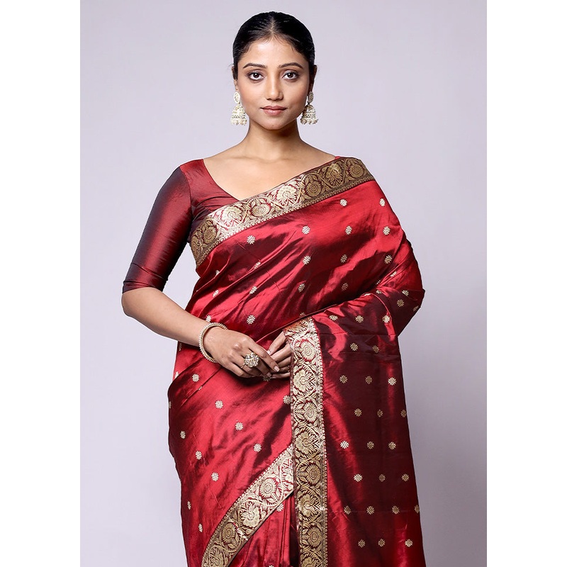 Red Handloom Assam Pure Silk Saree With Blouse Piece - JD986601368