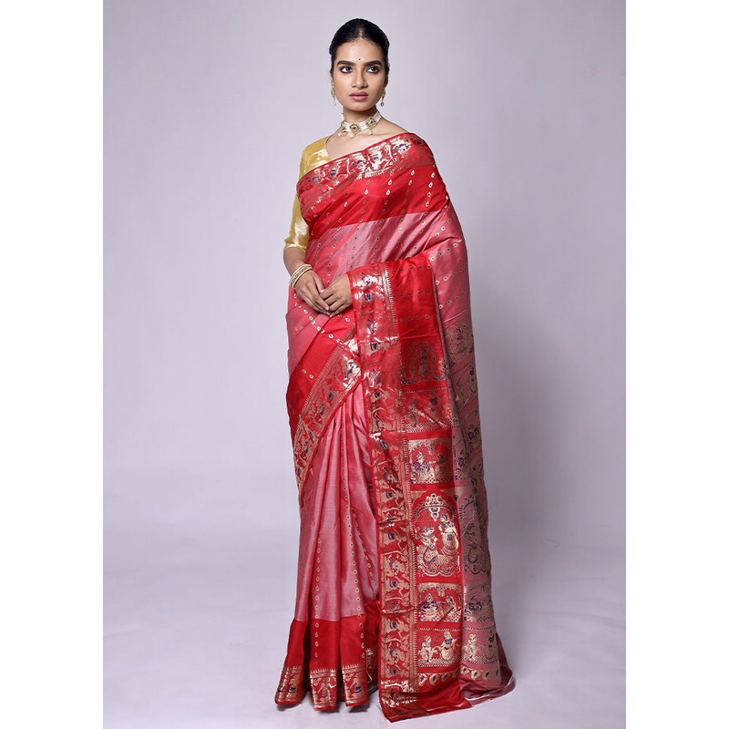 Red Handloom Baluchari Pure Silk Saree With Blouse Piece - JD986601270