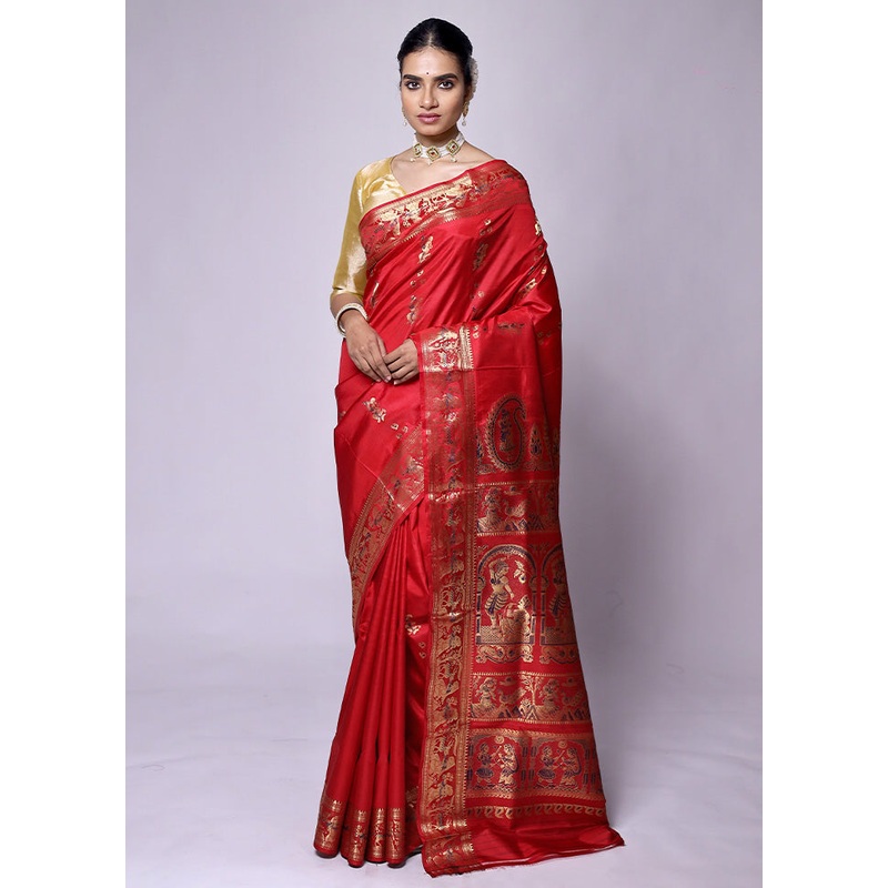 Red Handloom Baluchari Pure Silk Saree With Blouse Piece - JD986601271