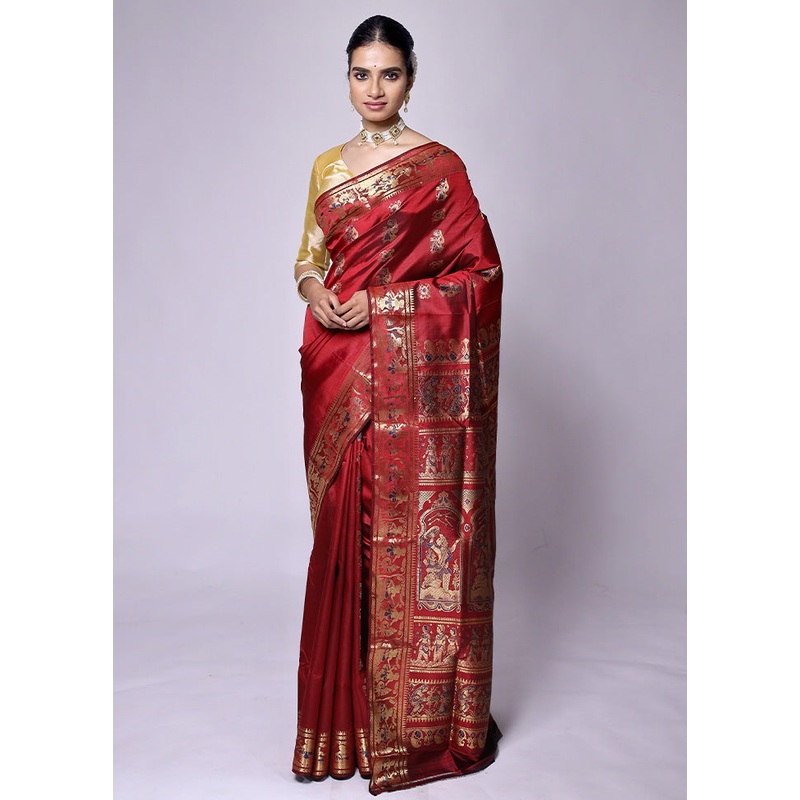 Red Handloom Baluchari Pure Silk Saree With Blouse Piece - JD986601272