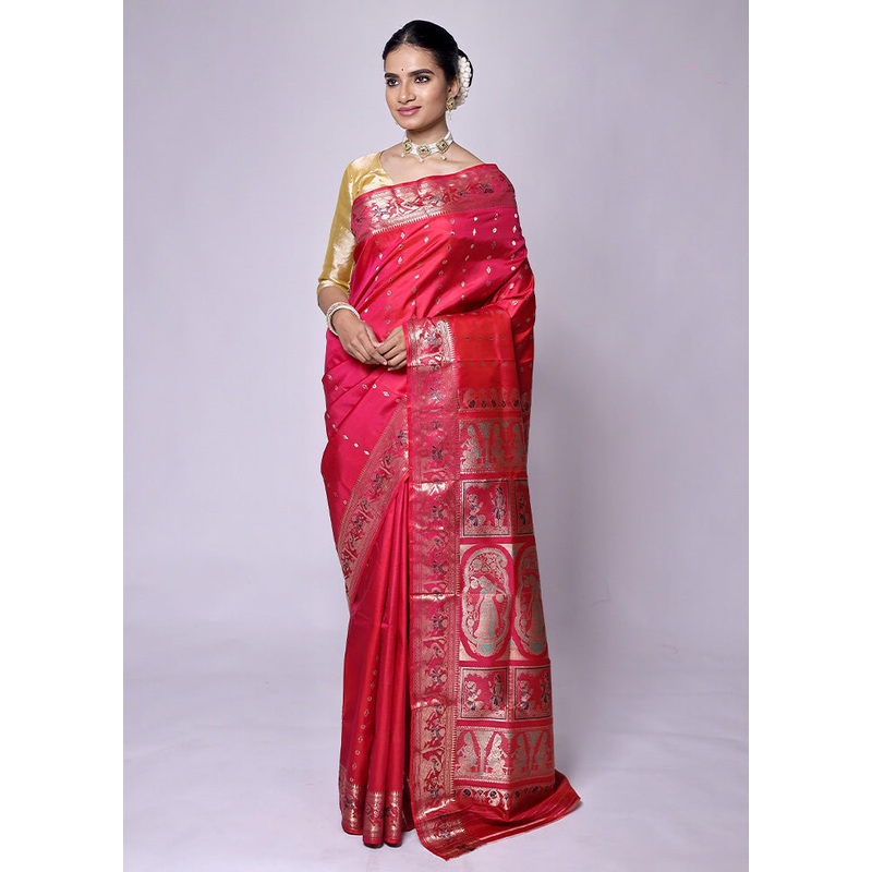 Red Handloom Baluchari Pure Silk Saree With Blouse Piece - JD986601273