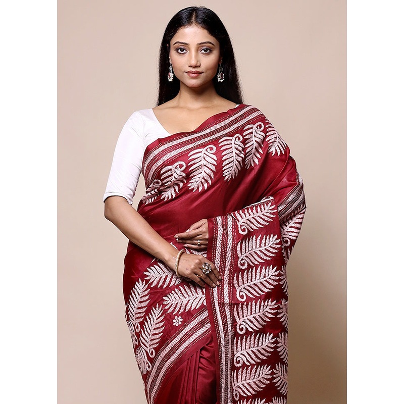 Red Handloom Kantha Stitch Pure Silk Saree With Blouse Piece - JD986601367