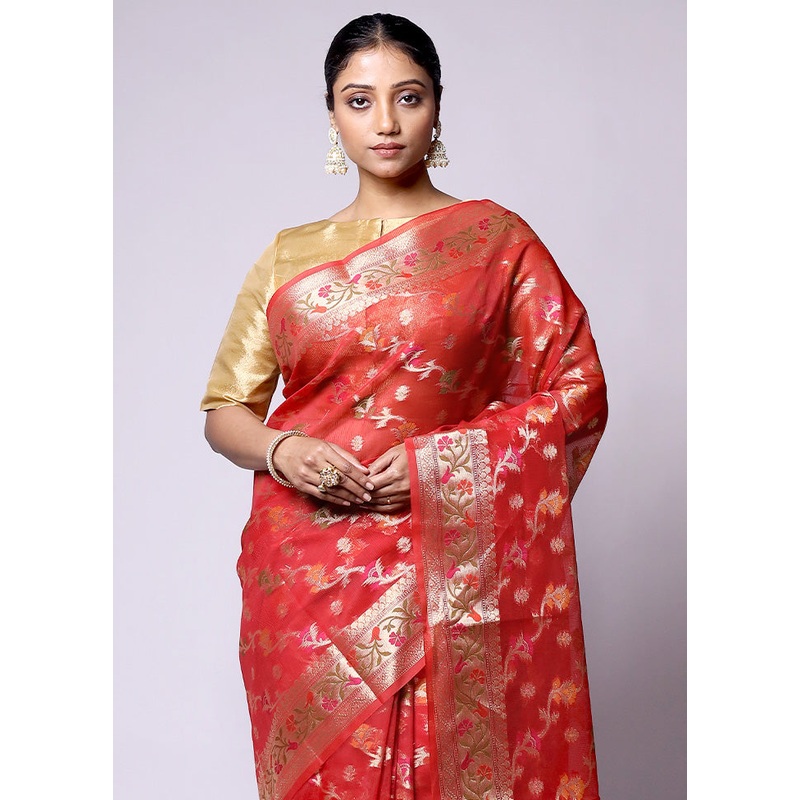 Red Kora Silk Saree With Blouse Piece - JD986601365