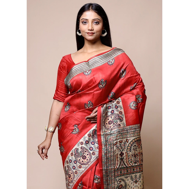 Red Printed Pure Silk Saree Without Blouse Piece - JD986601364