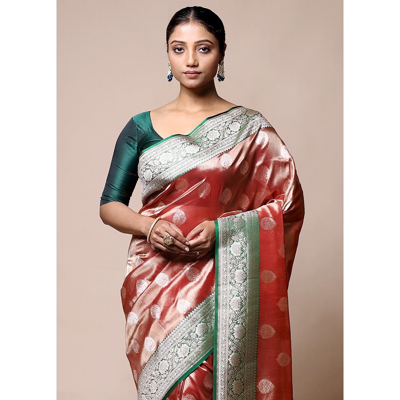 Red Tissue Silk Saree With Blouse Piece - JD986601363