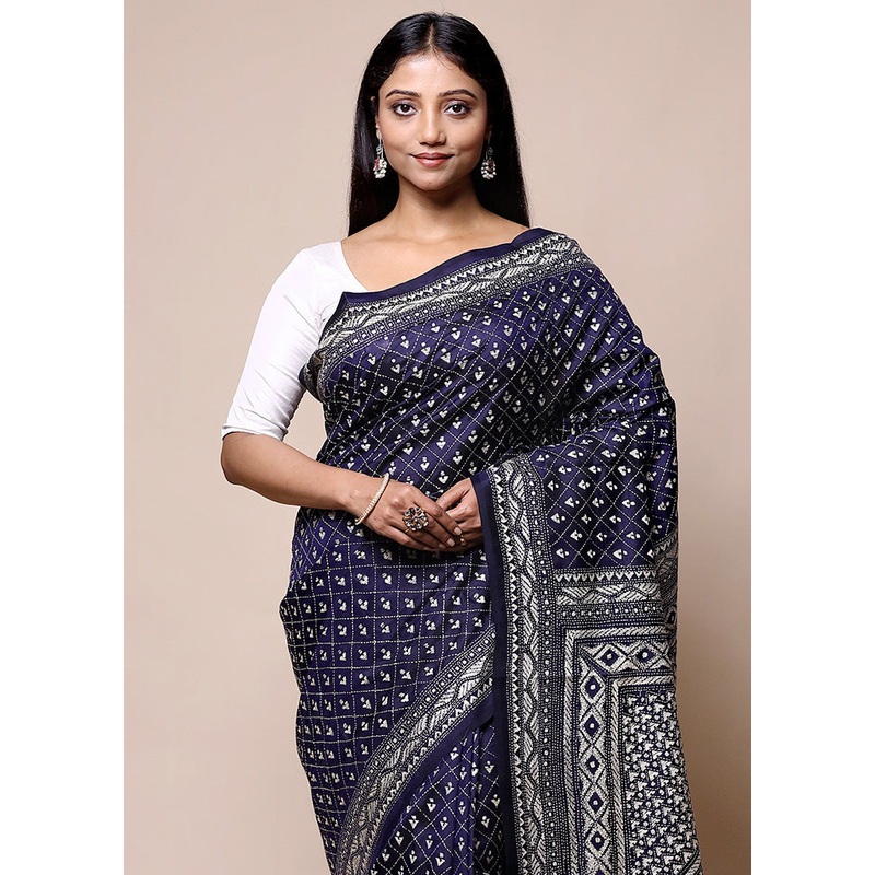 Violet Handloom Kantha Stitch Pure Silk Saree With Blouse Piece - JD986601362