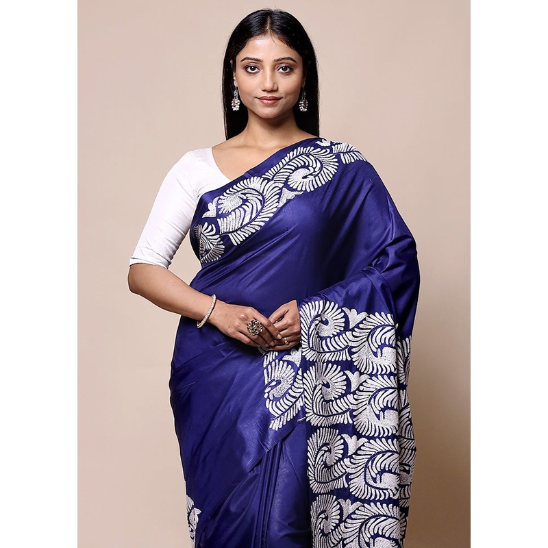 Violet Kantha Stitch Silk Saree With Blouse Piece - JD986601361
