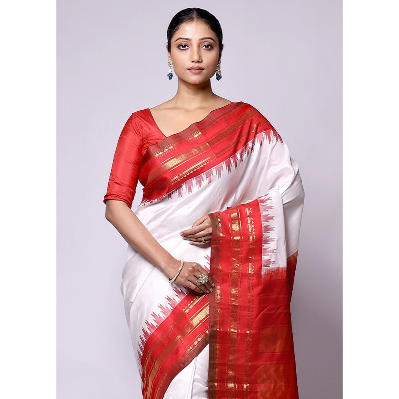 White Gadwal Pure Silk Saree Without Blouse Piece - JD986601360