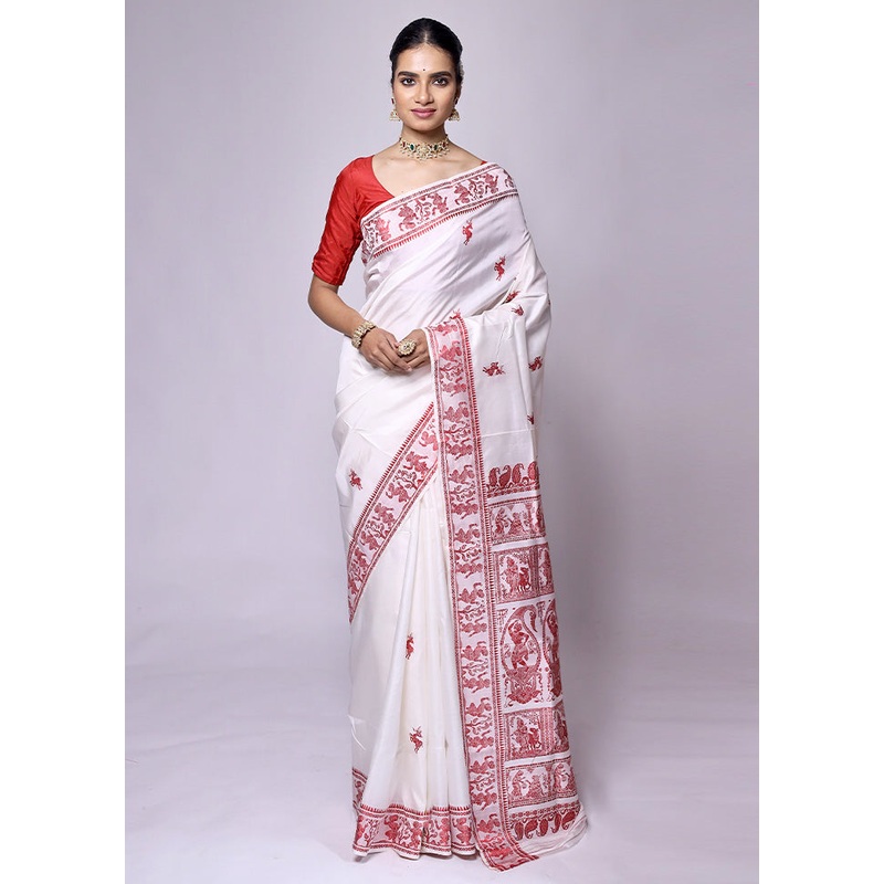 White Handloom Baluchari Pure Silk Saree With Blouse Piece - JD986601267