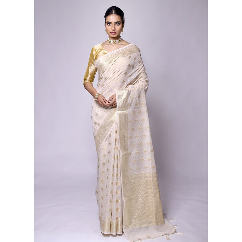 White Kora Silk Saree With Blouse Piece - JD986601266