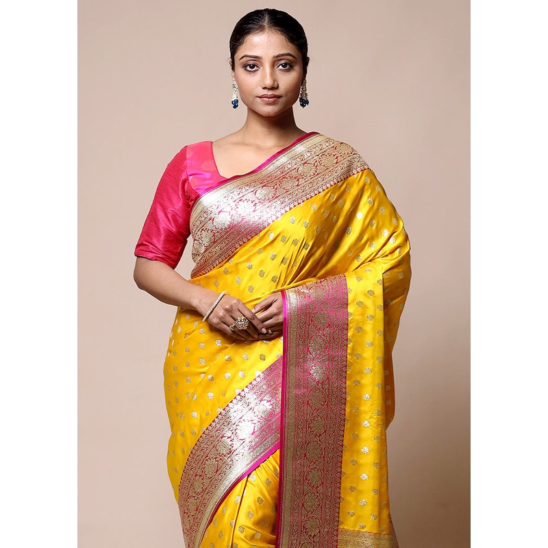 Yellow Banarasi Silk Saree With Blouse Piece - JD986601359