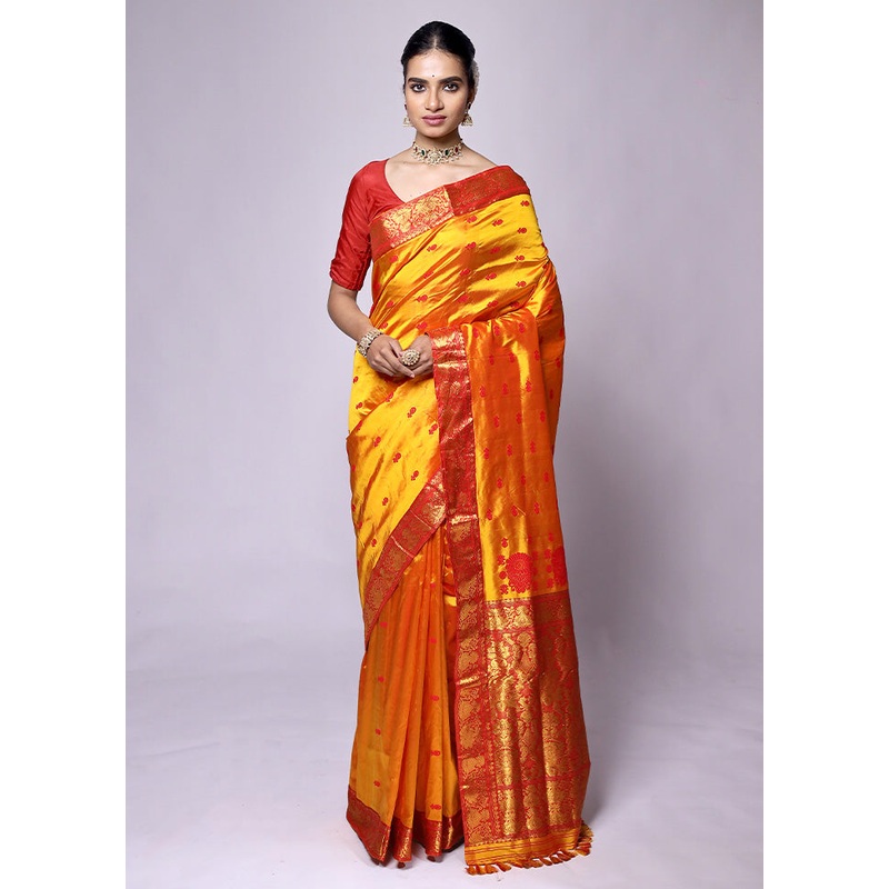 Yellow Handloom Assam Pure Silk Saree With Blouse Piece - JD986601264
