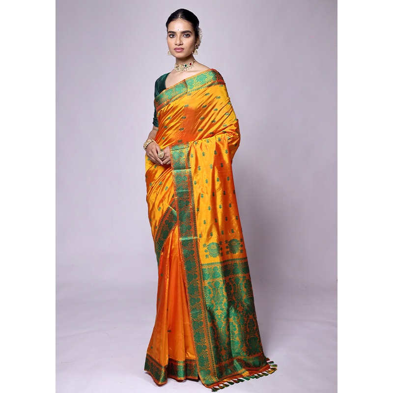 Yellow Handloom Assam Pure Silk Saree With Blouse Piece - JD986601265