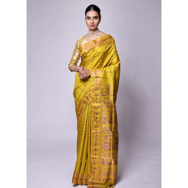 Yellow Handloom Baluchari Pure Silk Saree With Blouse Piece - JD986601263