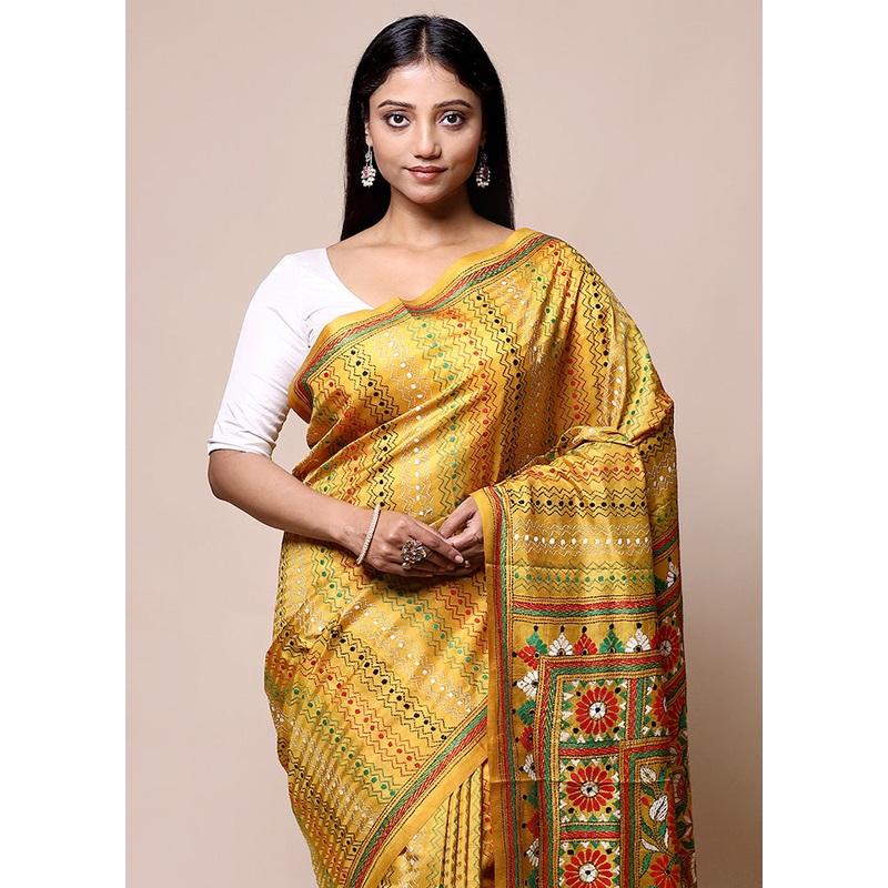 Yellow Handloom Kantha Stitch Pure Silk Saree With Blouse Piece - JD986601357