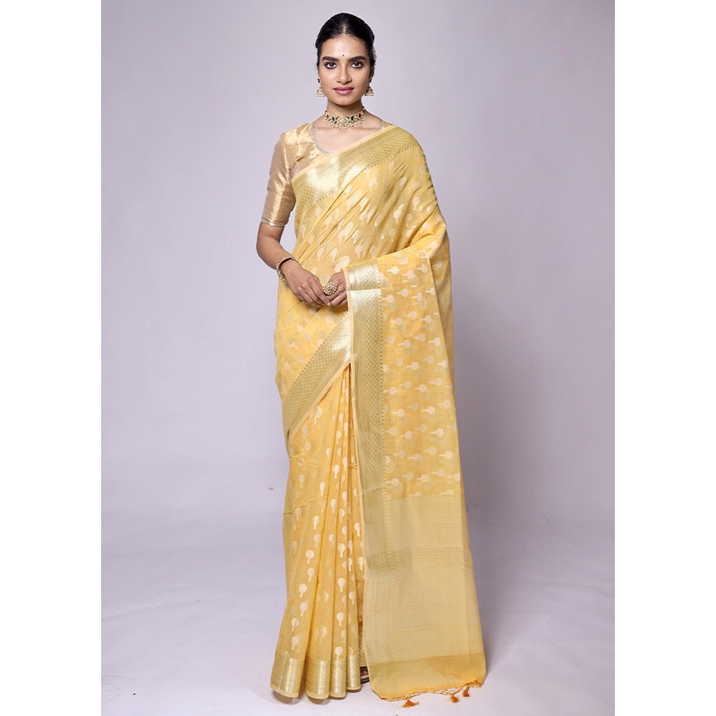 Yellow Kora Silk Saree With Blouse Piece - JD986601262