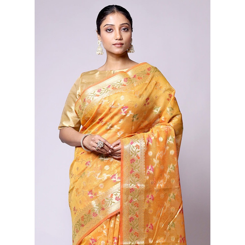 Yellow Kora Silk Saree With Blouse Piece - JD986601355