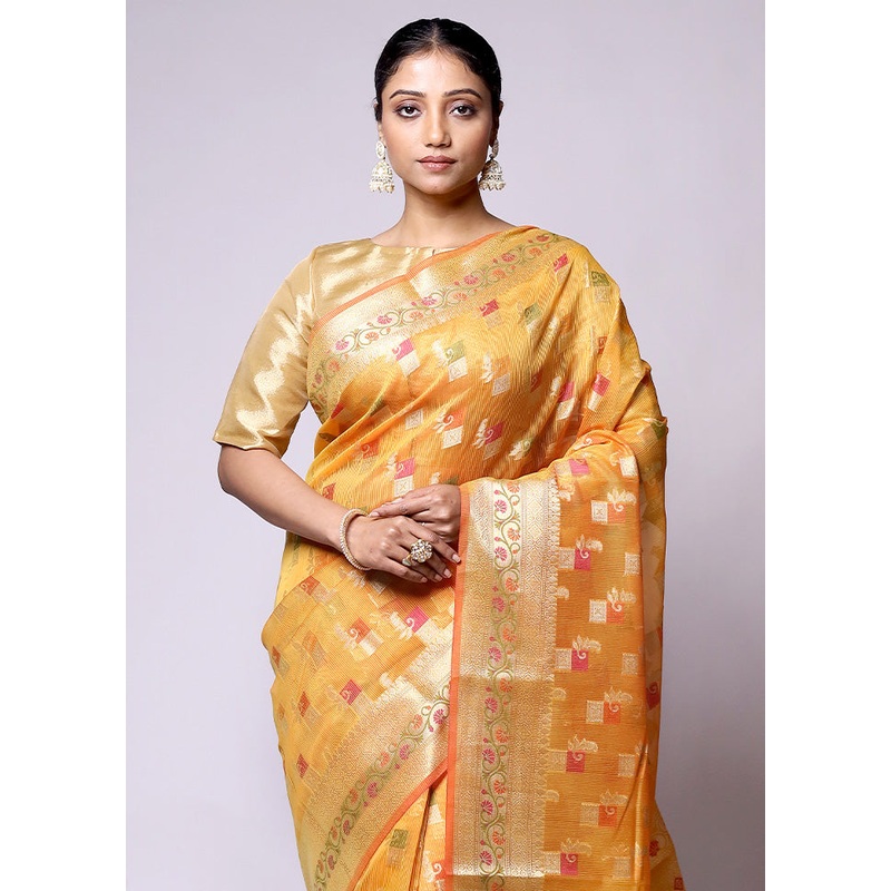 Yellow Kora Silk Saree With Blouse Piece - JD986601356