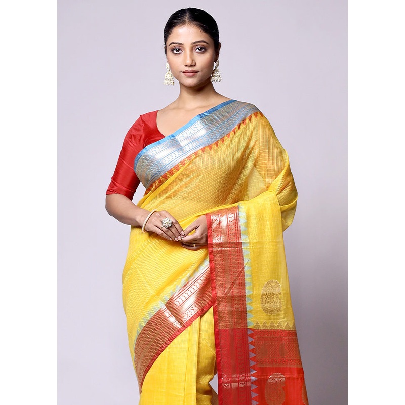 Yellow Kota Cotton Saree With Blouse Piece - JD986601353