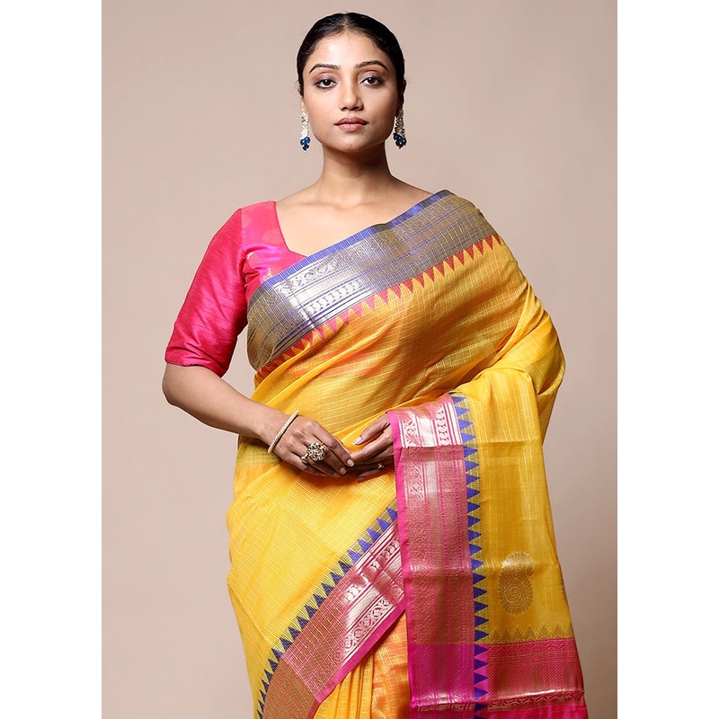 Yellow Kota Cotton Saree With Blouse Piece - JD986601354