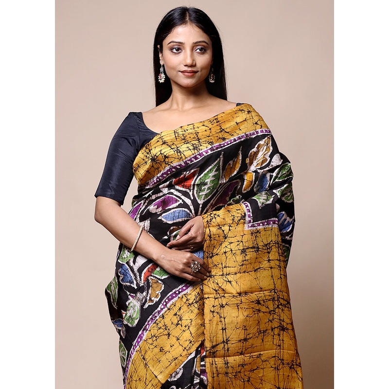 Yellow Printed Pure Silk Saree Without Blouse Piece - JD986601350