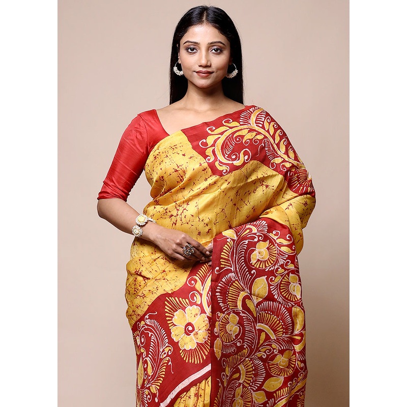 Yellow Printed Pure Silk Saree Without Blouse Piece - JD986601351