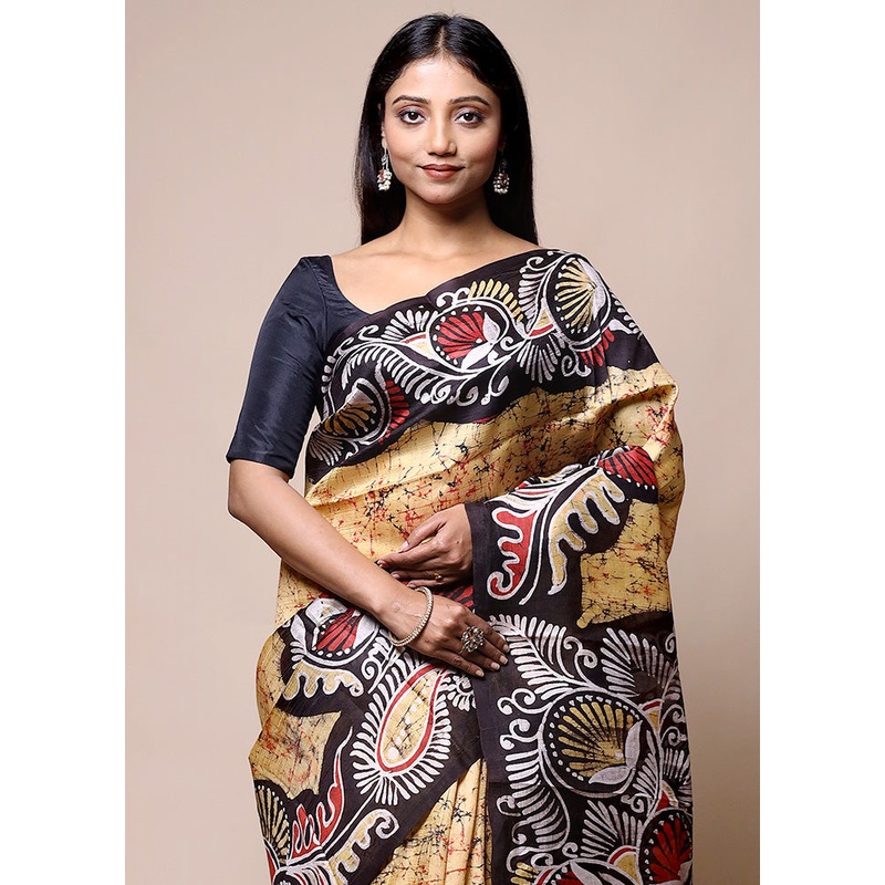 Yellow Printed Pure Silk Saree Without Blouse Piece - JD986601352
