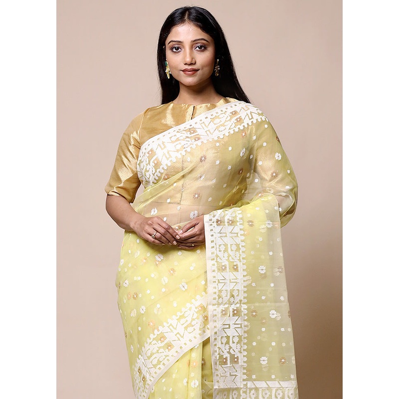 Yellow Pure Tant Jamdani Saree Without Blouse Piece - JD986601349