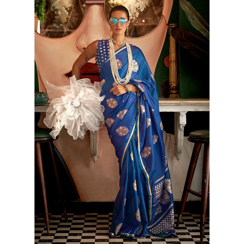 Blue Spun Silk Saree With Blouse Piece - JD986601165
