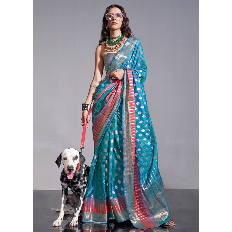 Blue Spun Silk Saree With Blouse Piece - JD986601166