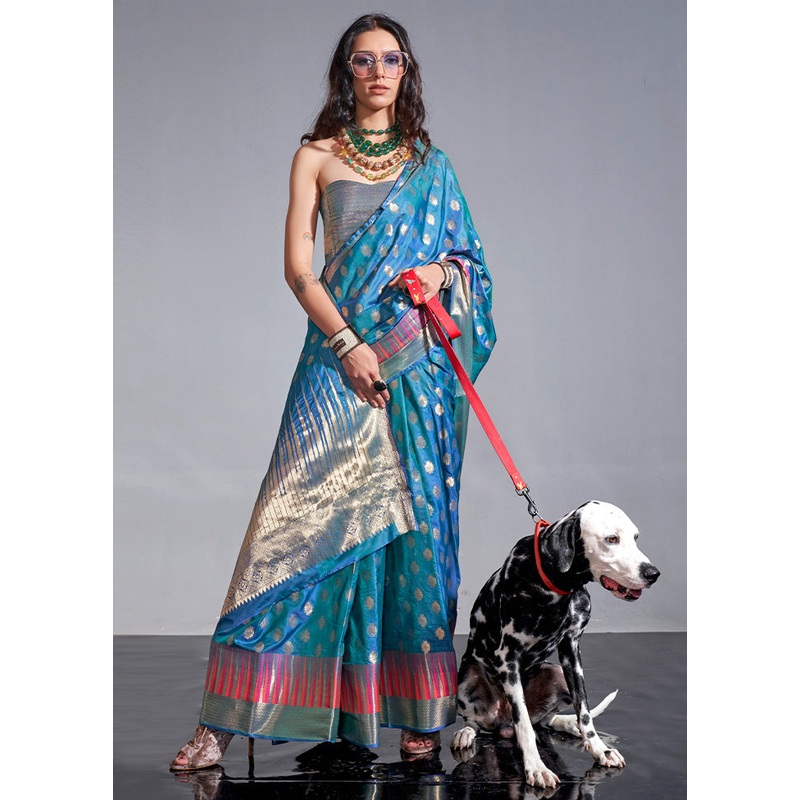 Blue Spun Silk Saree With Blouse Piece - JD986601167