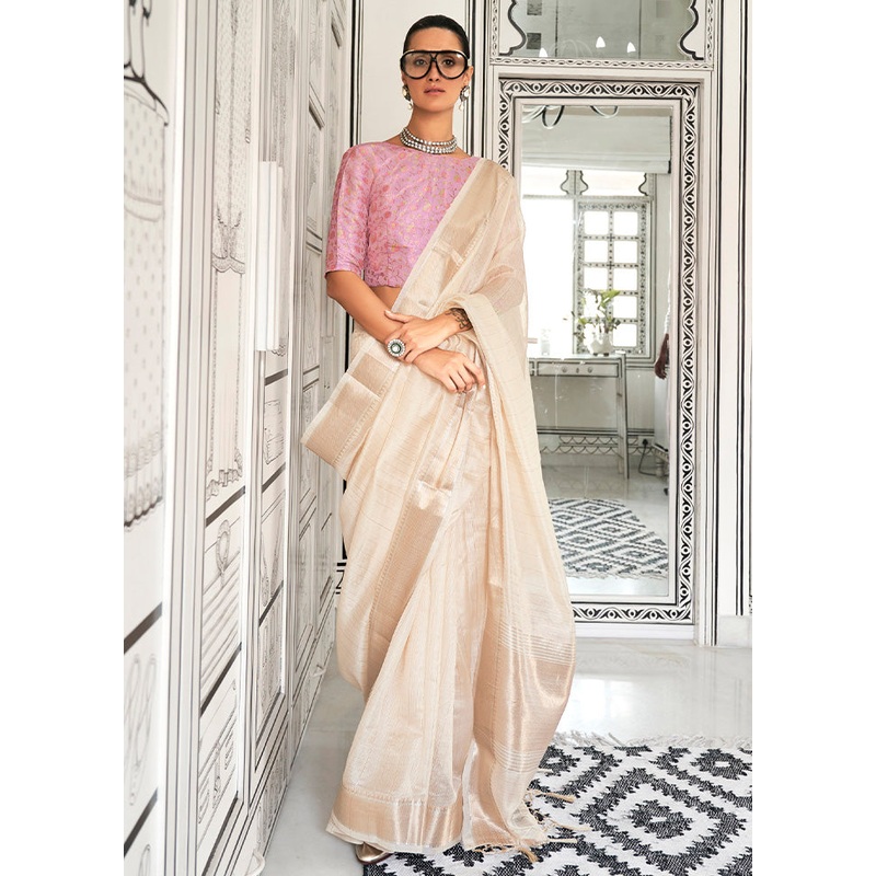 Cream Chiffon Silk Saree With Blouse Piece - JD986601163