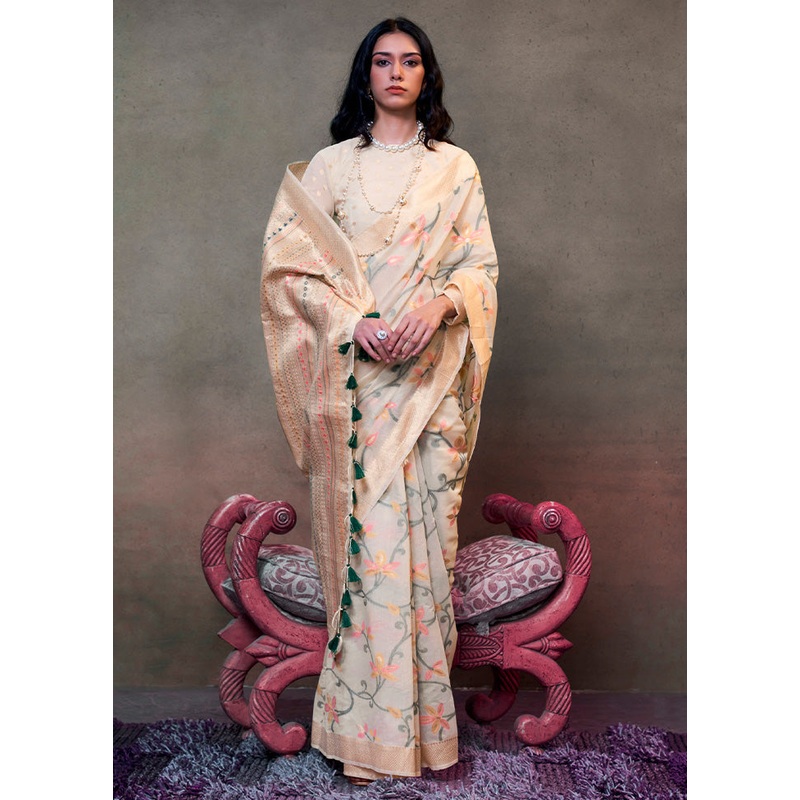 Cream Cotton Saree With Blouse Piece - JD986601160