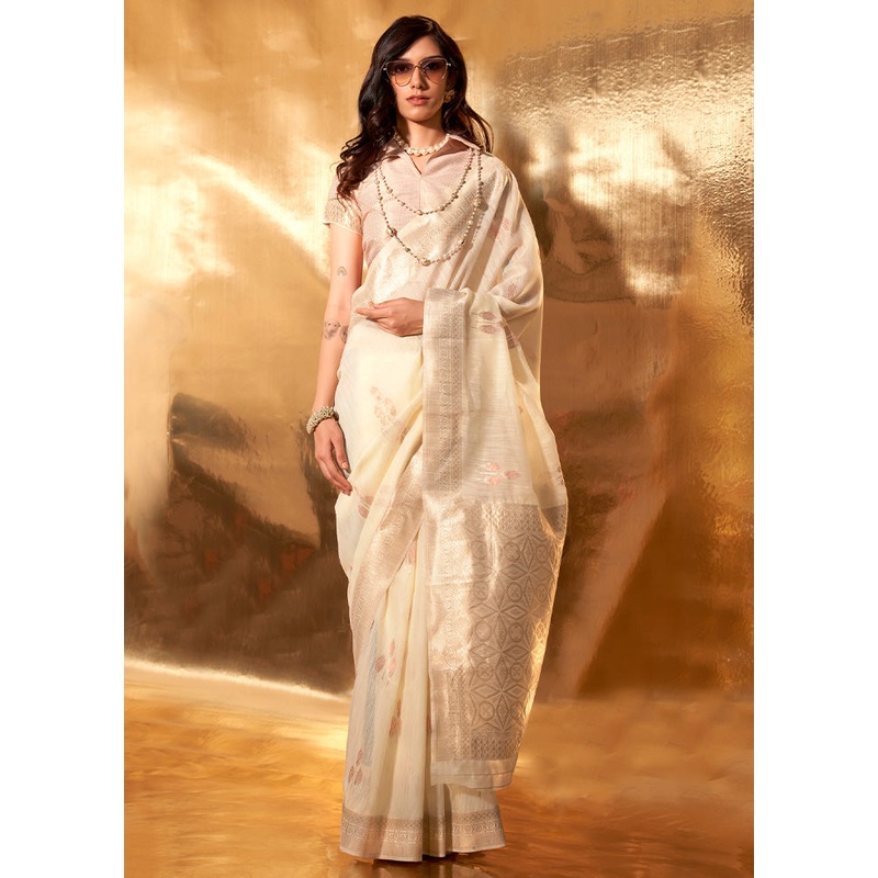 Cream Cotton Saree With Blouse Piece - JD986601161