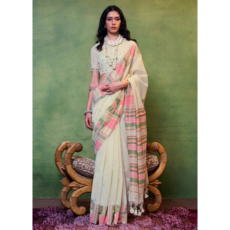 Cream Cotton Saree With Blouse Piece - JD986601162