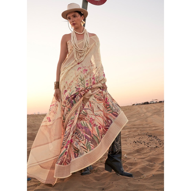 Cream Linen Silk Saree With Blouse Piece - JD986601159