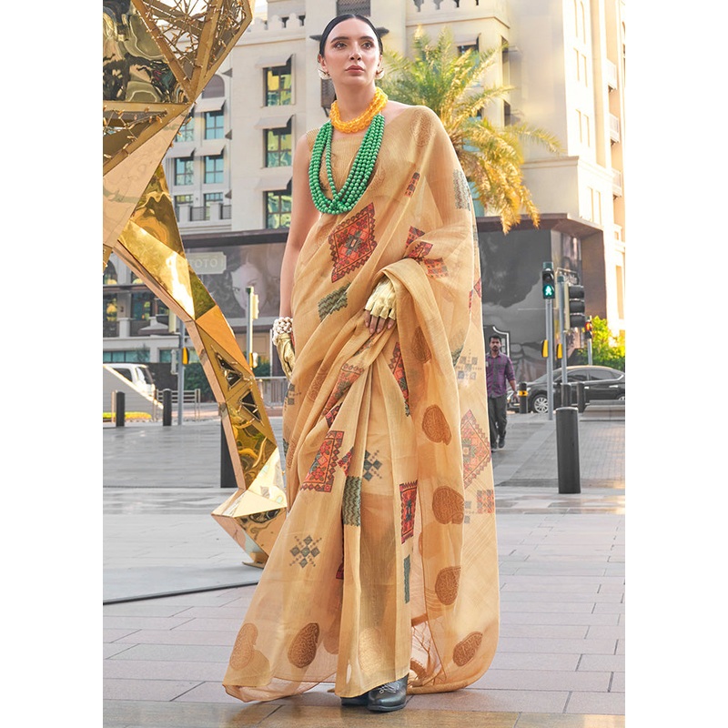 Cream Spun Silk Saree With Blouse Piece - JD986601058