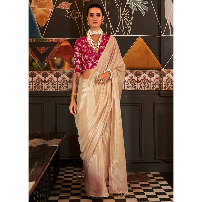 Cream Spun Silk Saree With Blouse Piece - JD986601154