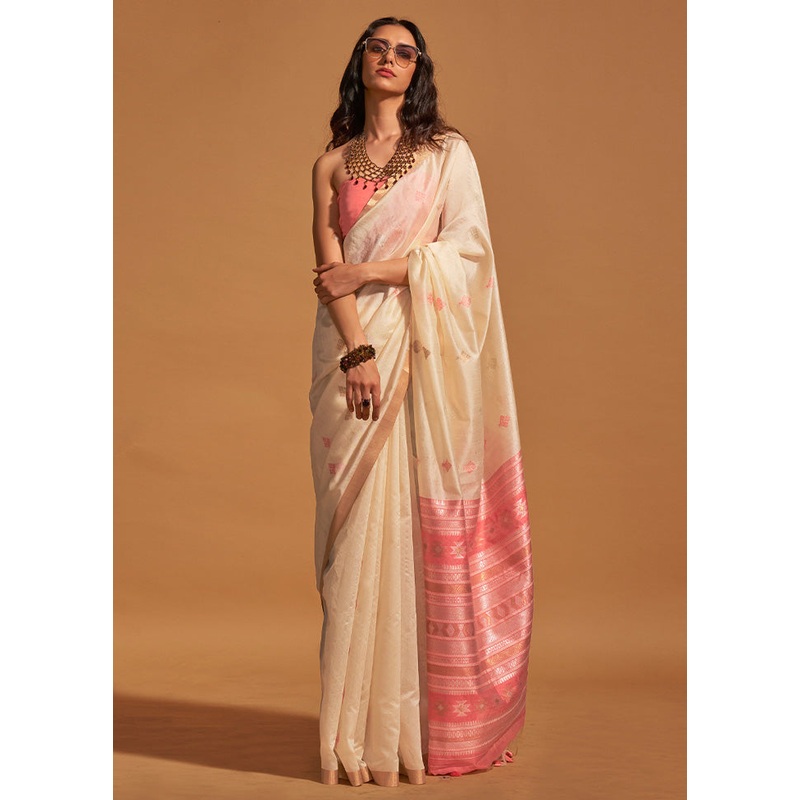 Cream Spun Silk Saree With Blouse Piece - JD986601156